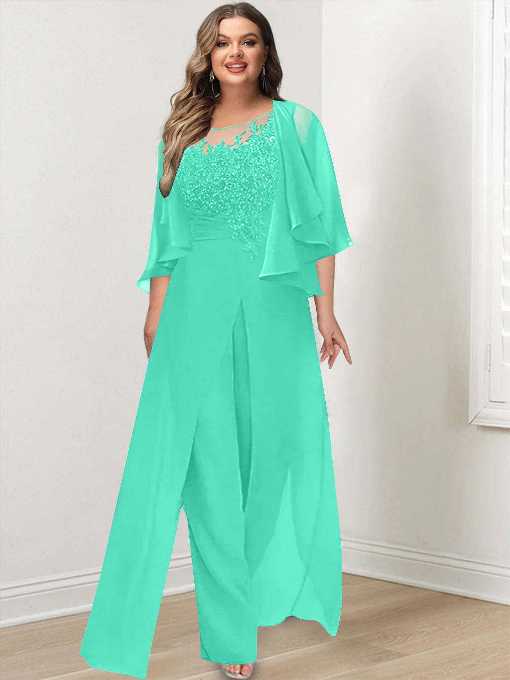 Plus Size Mother of the Bride A-Line/Princess Jumpsuit with Jacket Floor-Length Design Side Split & Appliques