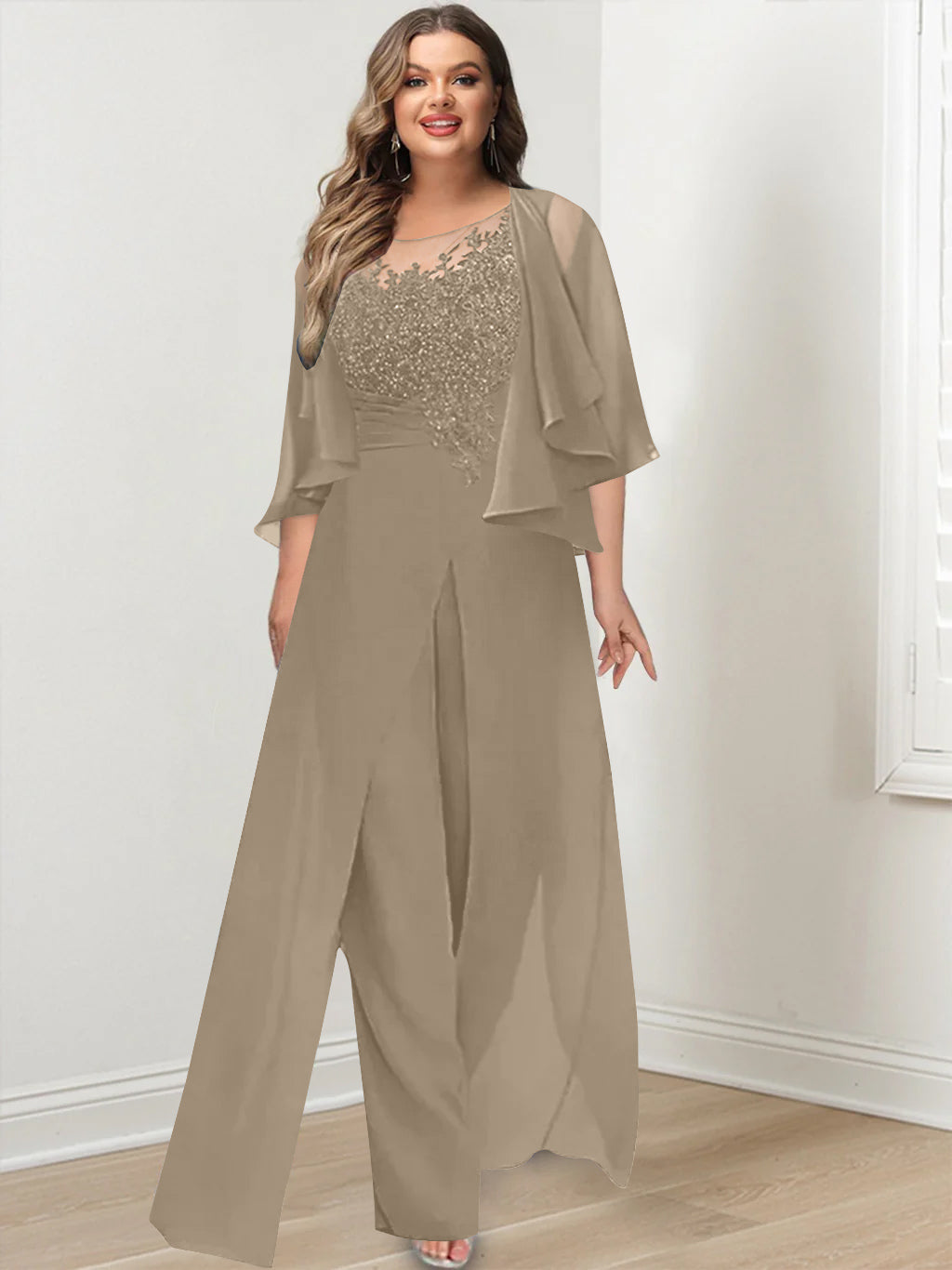 Plus Size Mother of the Bride A-Line/Princess Jumpsuit with Jacket Floor-Length Design Side Split & Appliques