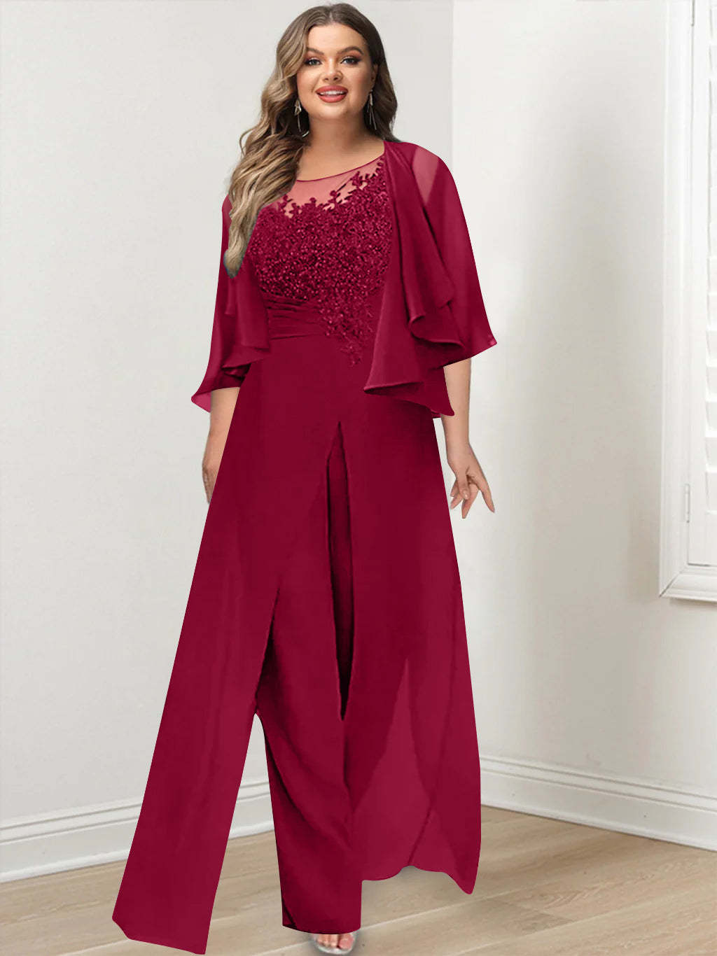 Plus Size Mother of the Bride A-Line/Princess Jumpsuit with Jacket Floor-Length Design Side Split & Appliques