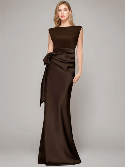 Floor-Length Sleeveless Mother of the Bride Dress with Bow and Shoulder Pad-BMbridal