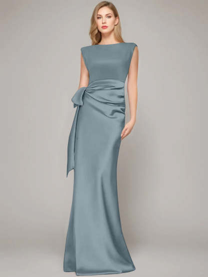 Floor-Length Sleeveless Mother of the Bride Dress with Bow and Shoulder Pad-BMbridal