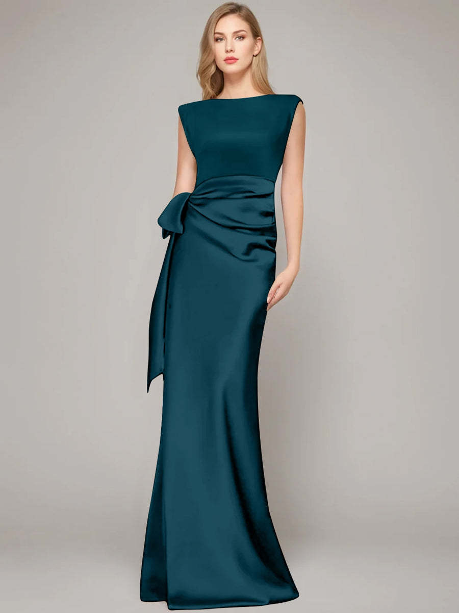 Floor-Length Sleeveless Mother of the Bride Dress with Bow and Shoulder Pad-BMbridal