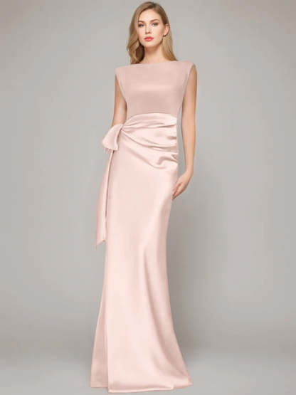 Floor-Length Sleeveless Mother of the Bride Dress with Bow and Shoulder Pad-BMbridal