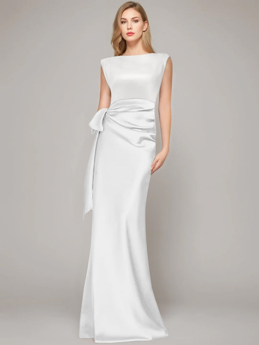 Floor-Length Sleeveless Mother of the Bride Dress with Bow and Shoulder Pad-BMbridal
