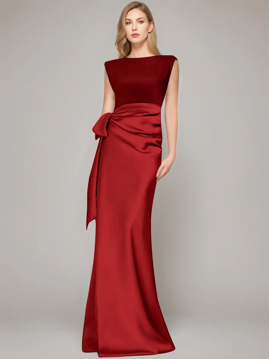 Floor-Length Sleeveless Mother of the Bride Dress with Bow and Shoulder Pad-BMbridal