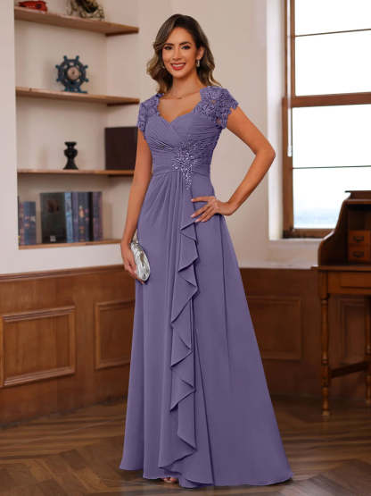 V-Neck A-Line Princess Short Sleeve Dress with Pleats Ruffles & Appliques for Mother of the Bride & Groom-BMbridal