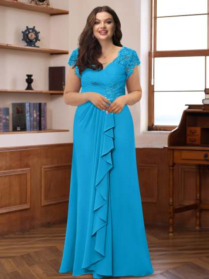 Plus Size V-Neck A-Line Princess Dress with Short Sleeves Ruffles and Appliques for Mothers of the Bride & Groom