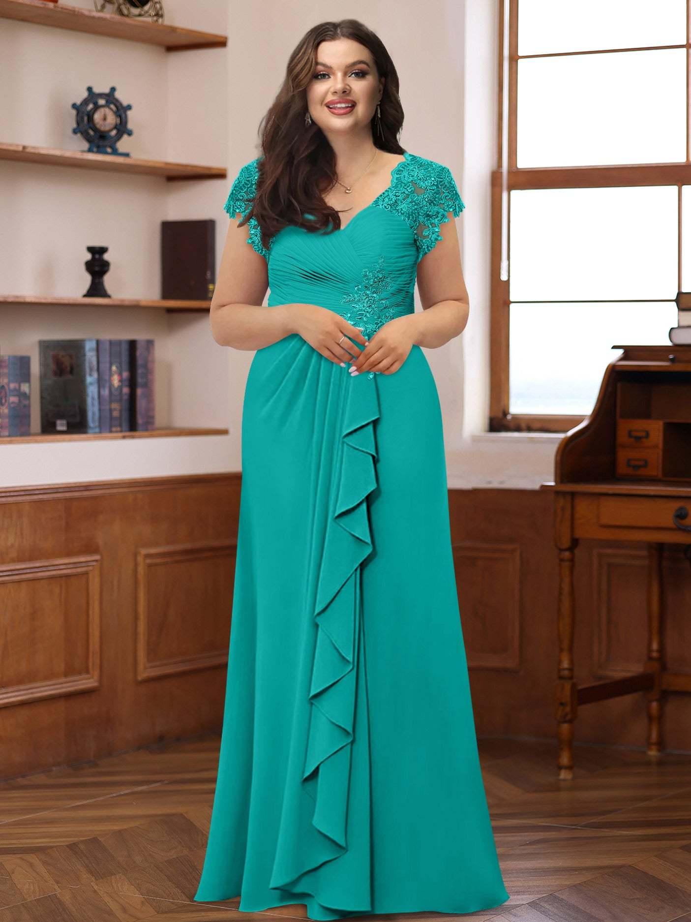 Plus Size V-Neck A-Line Princess Dress with Short Sleeves Ruffles and Appliques for Mothers of the Bride & Groom