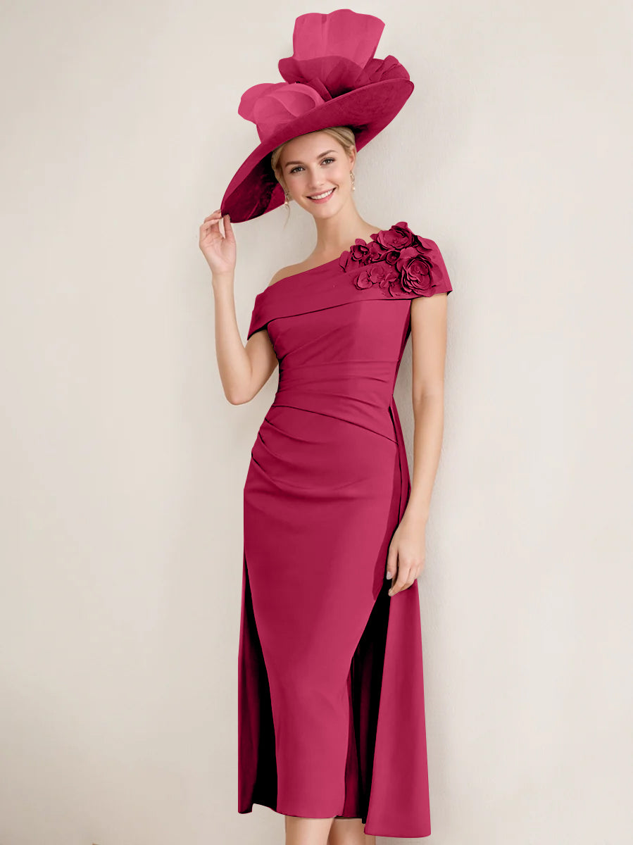 Off-the-Shoulder Pleated Tea-Length Mother of the Bride Dresses with 3D Flower in Sheath/Column Style