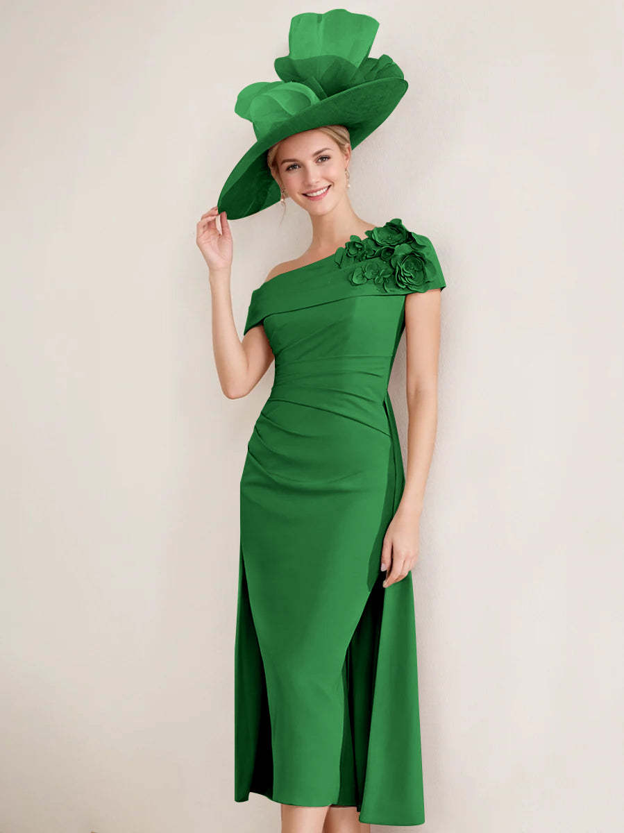 Off-the-Shoulder Pleated Tea-Length Mother of the Bride Dresses with 3D Flower in Sheath/Column Style