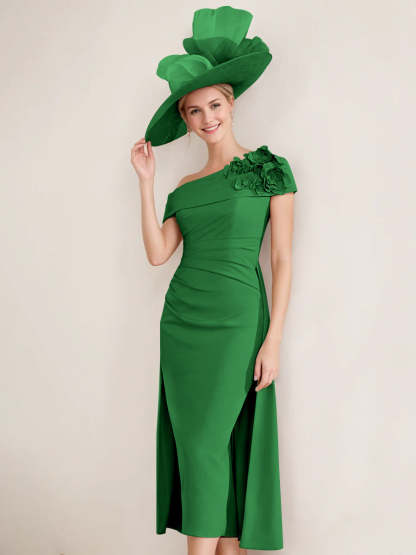 Off-the-Shoulder Pleated Tea-Length Mother of the Bride Dresses with 3D Flower in Sheath/Column Style
