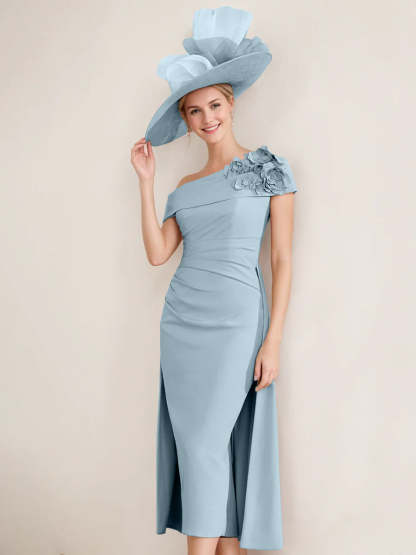 Off-the-Shoulder Pleated Tea-Length Mother of the Bride Dresses with 3D Flower in Sheath/Column Style