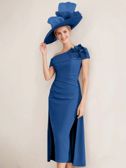 Off-the-Shoulder Pleated Tea-Length Mother of the Bride Dresses with 3D Flower in Sheath/Column Style