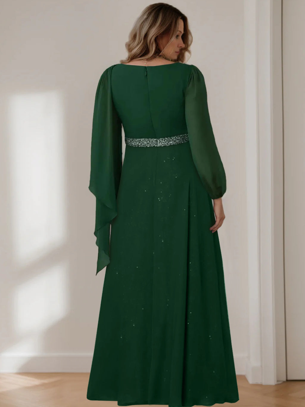Princess A-Line Floor-Length Plus Size Mother of the Bride Gown with Scoop Neck and Long Sequined Sleeves