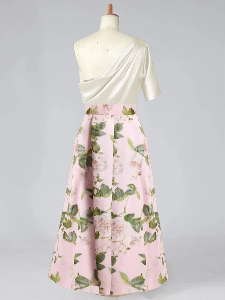 Plus Size Printed Flower Mother of the Bride A-Line/Princess Dress with One-Shoulder Bow Belt