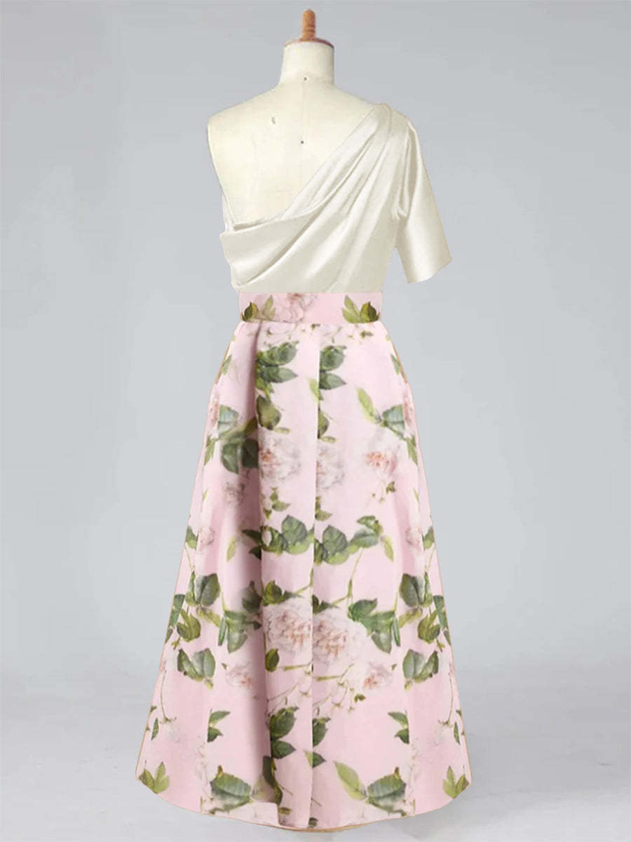 Plus Size Printed Flower Mother of the Bride A-Line/Princess Dress with One-Shoulder Bow Belt