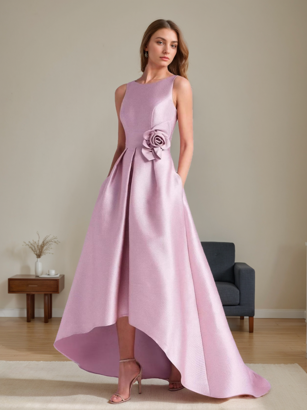 Sleeveless A-Line Princess Scoop Asymmetrical Mother of the Bride & Groom Dress with Floral Details-BMbridal