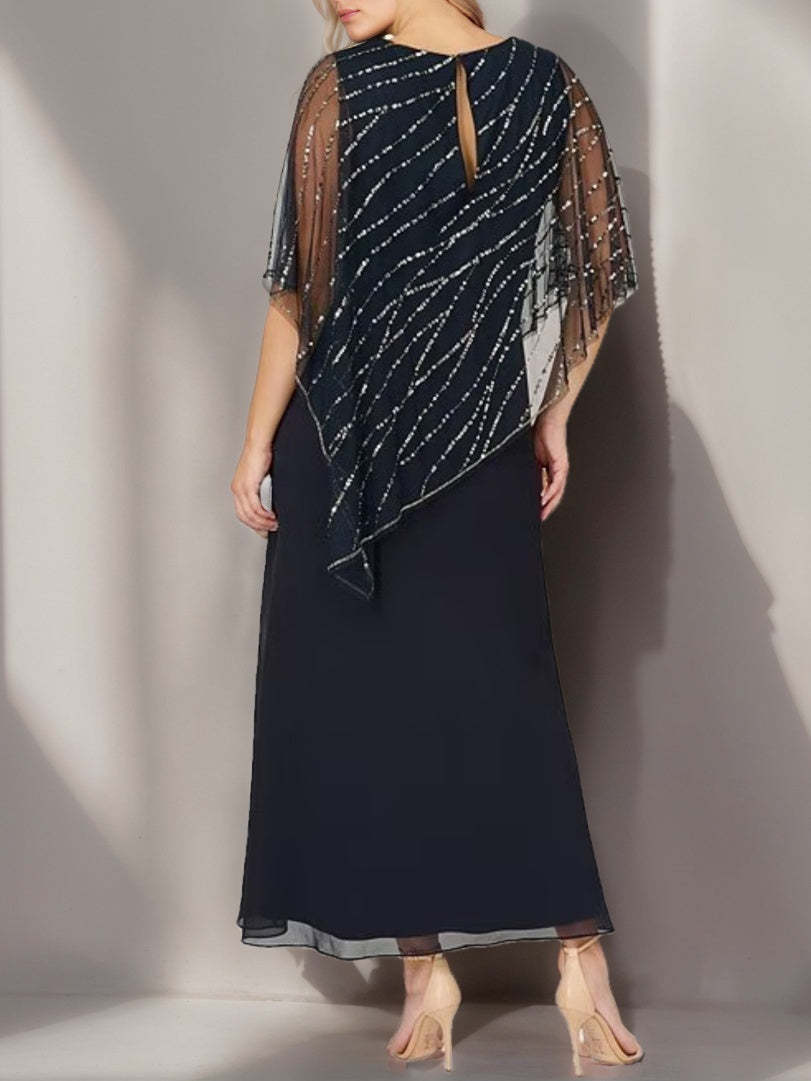 Plus Size V-Neck A-Line Princess Ankle-Length Mother of the Bride Dress with Asymmetrical Cape Popover and Half Sleeves