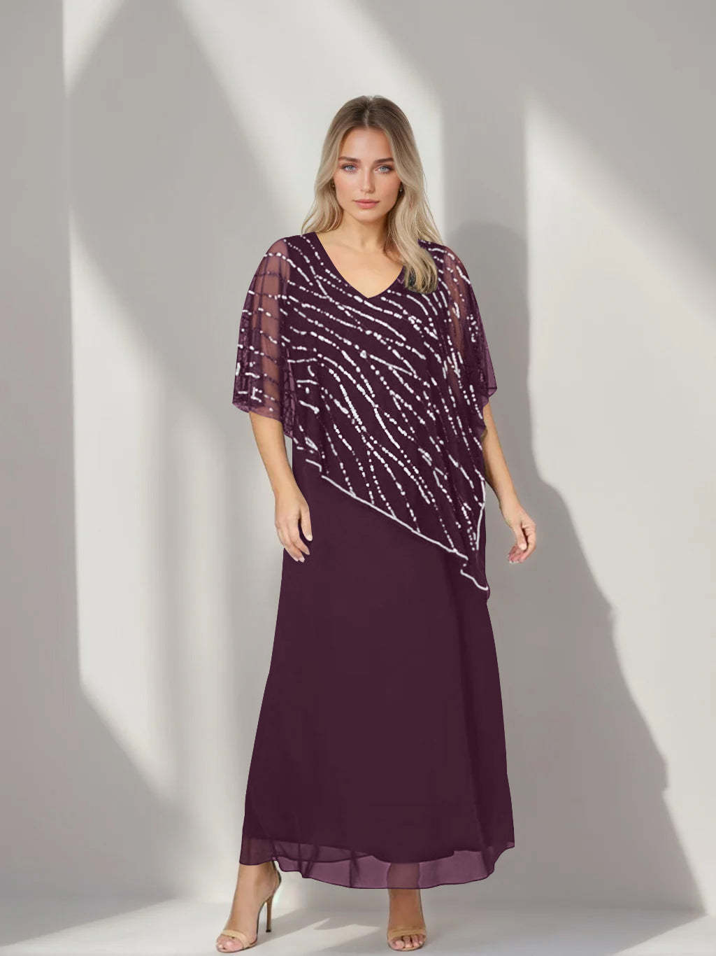 Plus Size V-Neck A-Line Princess Ankle-Length Mother of the Bride Dress with Asymmetrical Cape Popover and Half Sleeves