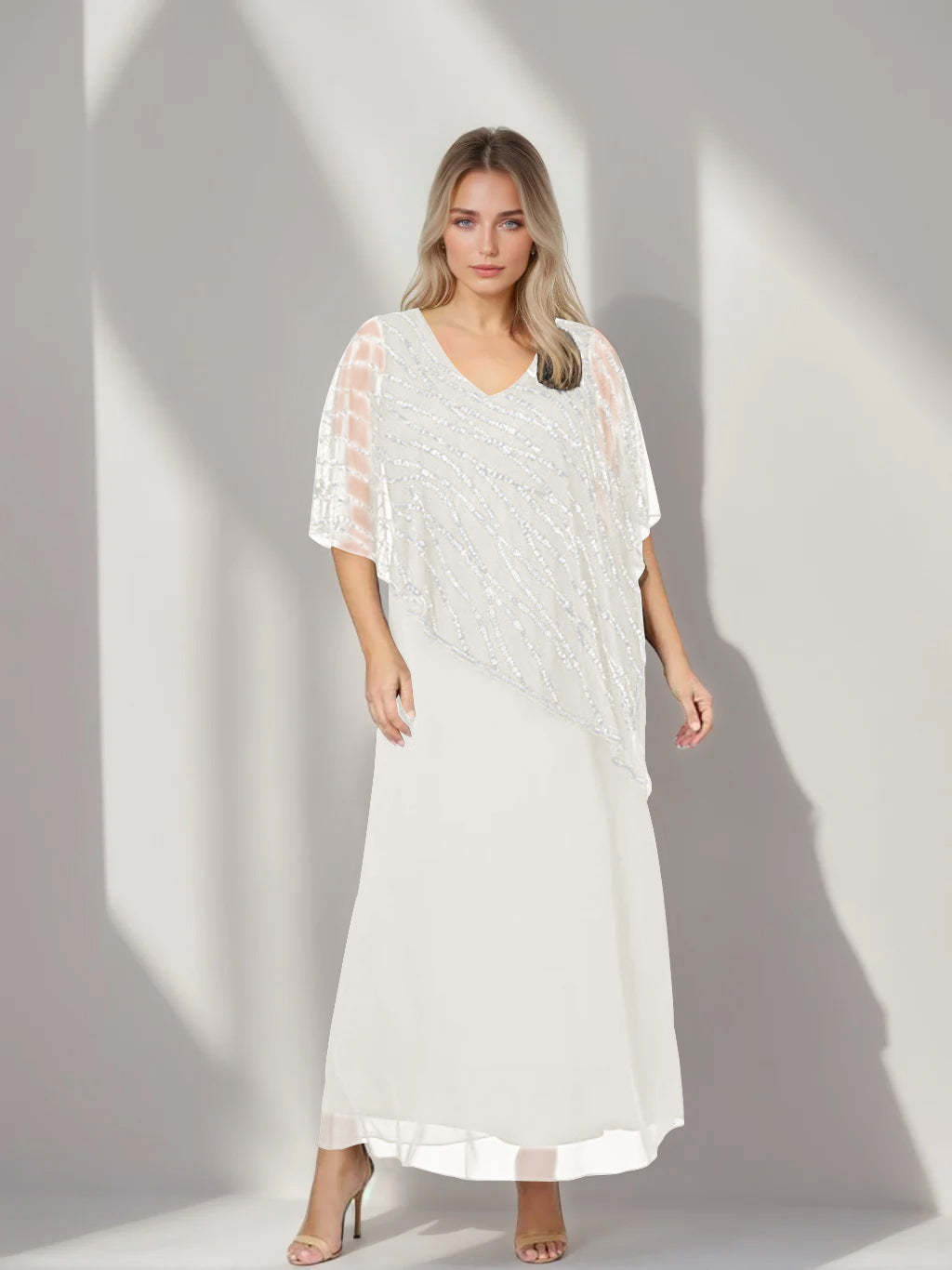 Plus Size V-Neck A-Line Princess Ankle-Length Mother of the Bride Dress with Asymmetrical Cape Popover and Half Sleeves