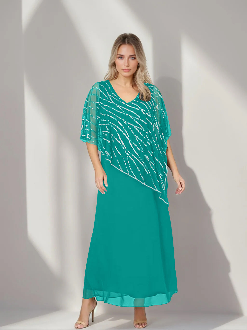 Plus Size V-Neck A-Line Princess Ankle-Length Mother of the Bride Dress with Asymmetrical Cape Popover and Half Sleeves