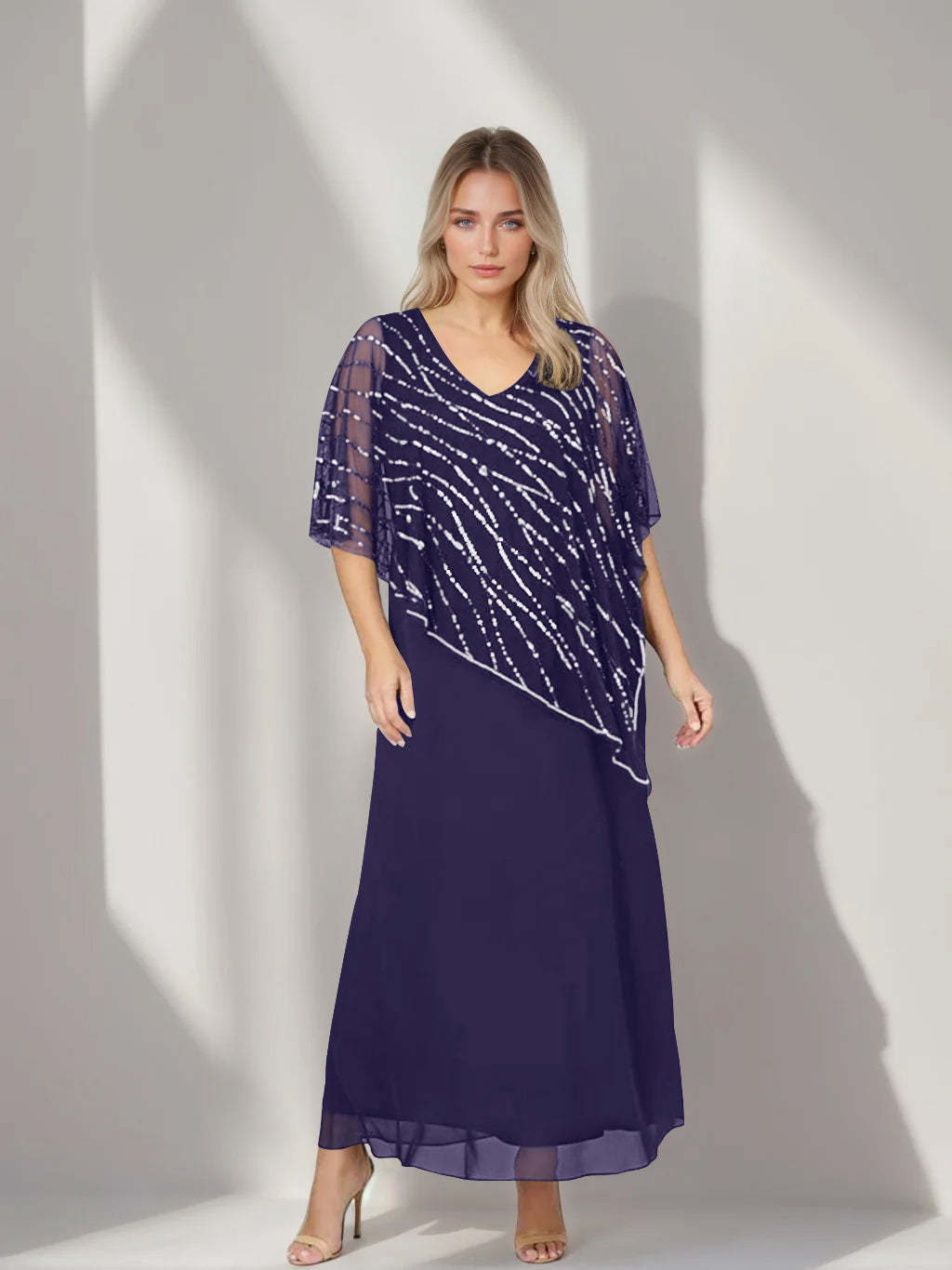 Plus Size V-Neck A-Line Princess Ankle-Length Mother of the Bride Dress with Asymmetrical Cape Popover and Half Sleeves