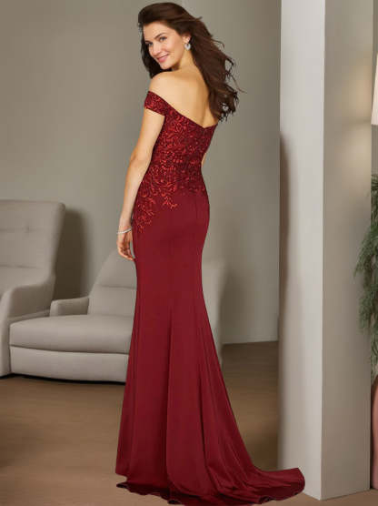 Plus Size Off-the-Shoulder Beaded Trumpet/Mermaid Mother of the Bride Gown Floor-Length