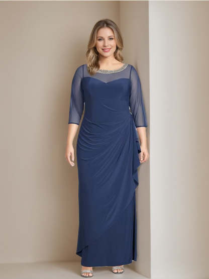 Plus Size Mother of the Bride Ruffled Dress with 3/4 Sleeves and Ankle-Length Sheath/Column Silhouette