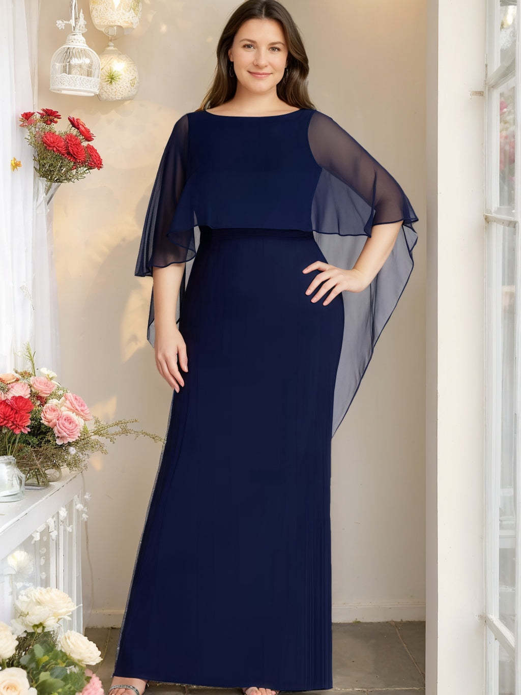 Plus Size Mother of the Bride Scoop Neck Sheath Dress with Half Sleeves