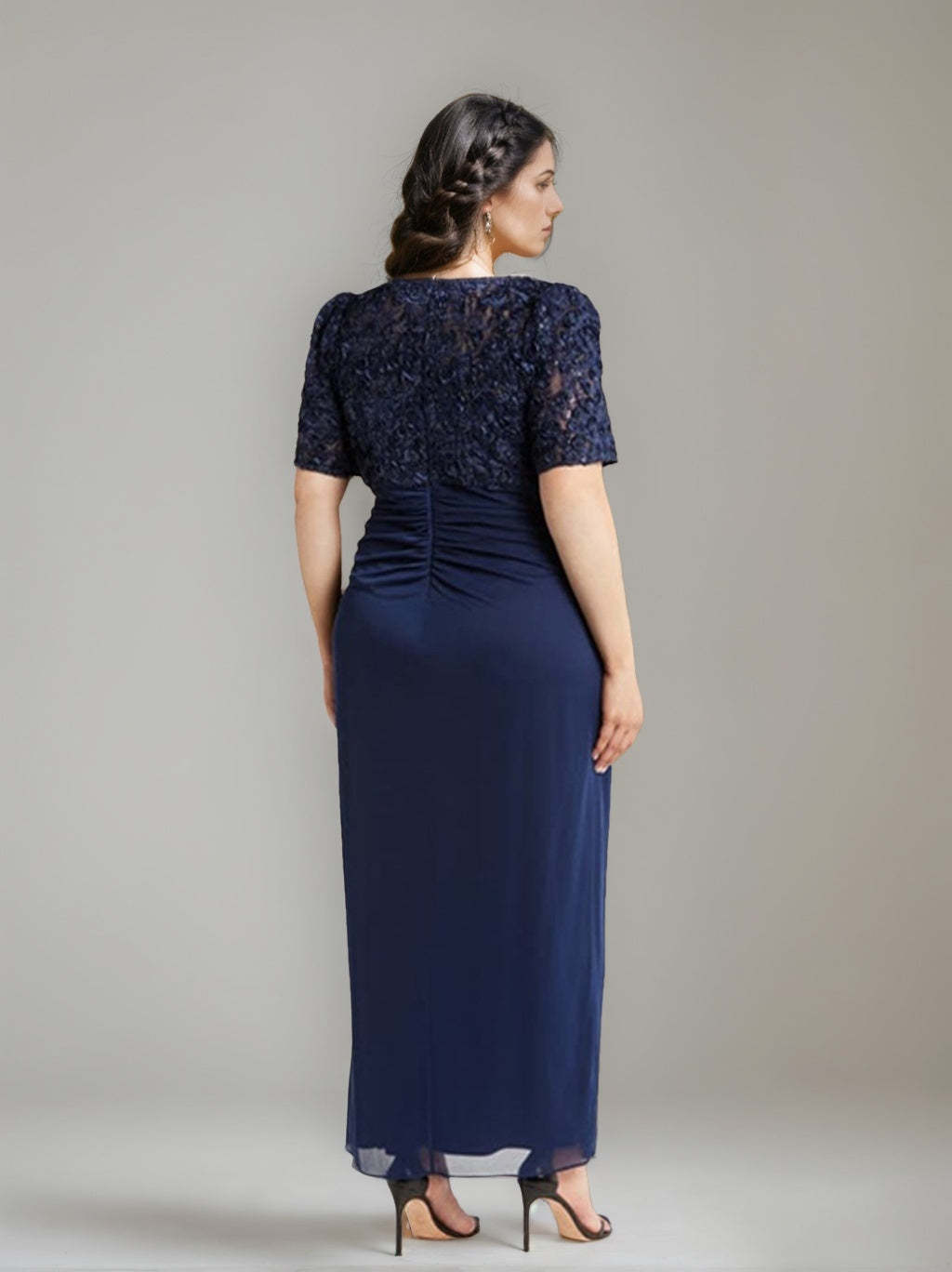 V-Neck Short-Sleeve Ankle-Length Plus Size Sheath/Column Mother of the Bride Dress with Sequins & Ruches