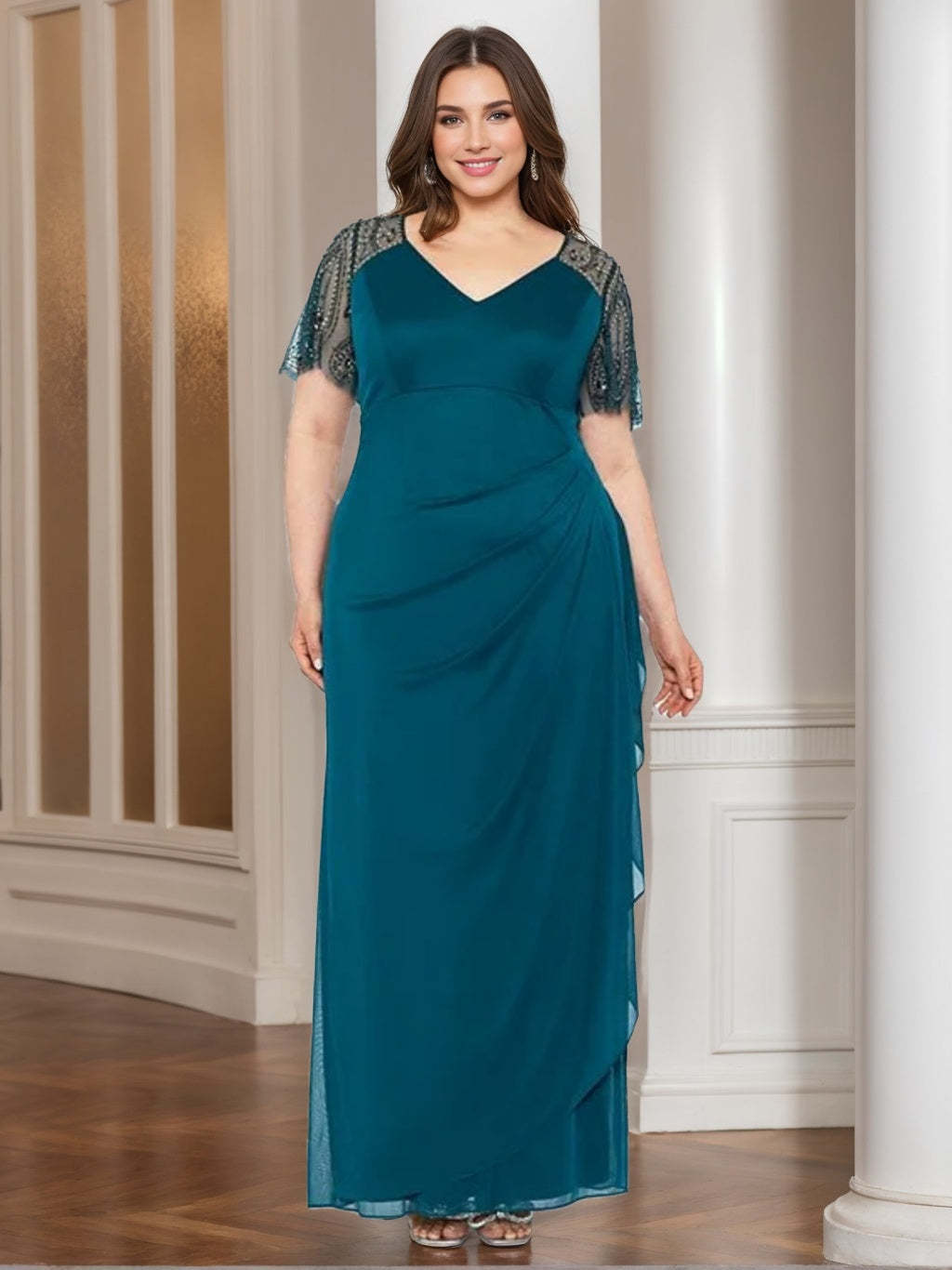 V-Neck Short-Sleeve Beaded Lace Ankle-Length Plus-Size Mother of the Bride Sheath Dress