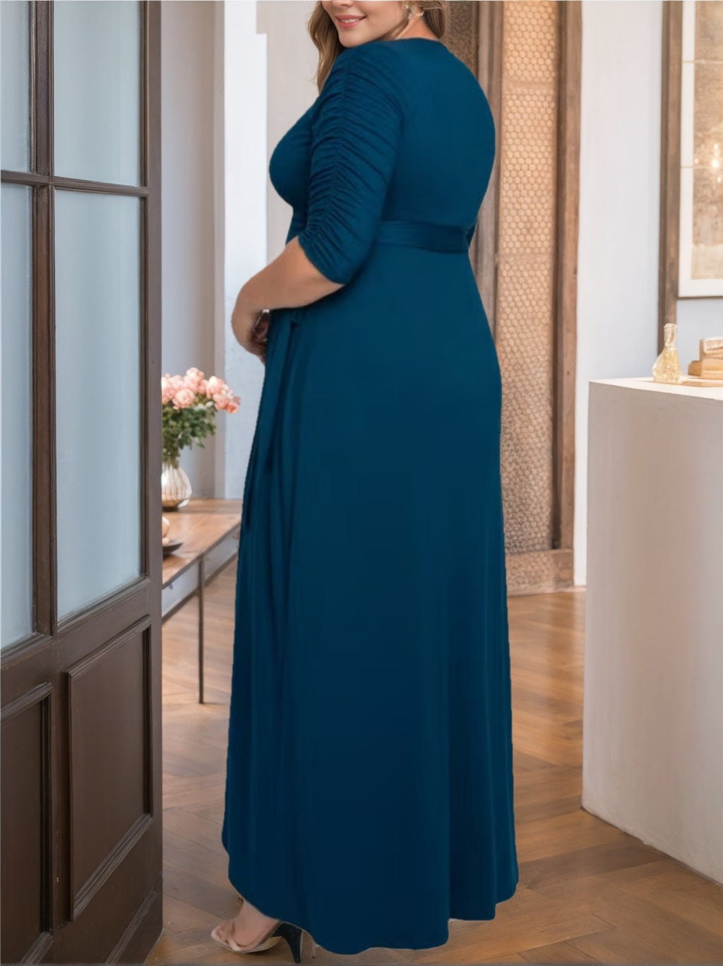 Unique Plus Size V-Neck A-Line Mother of the Bride Dress with Asymmetrical Ruffles and Half Sleeves