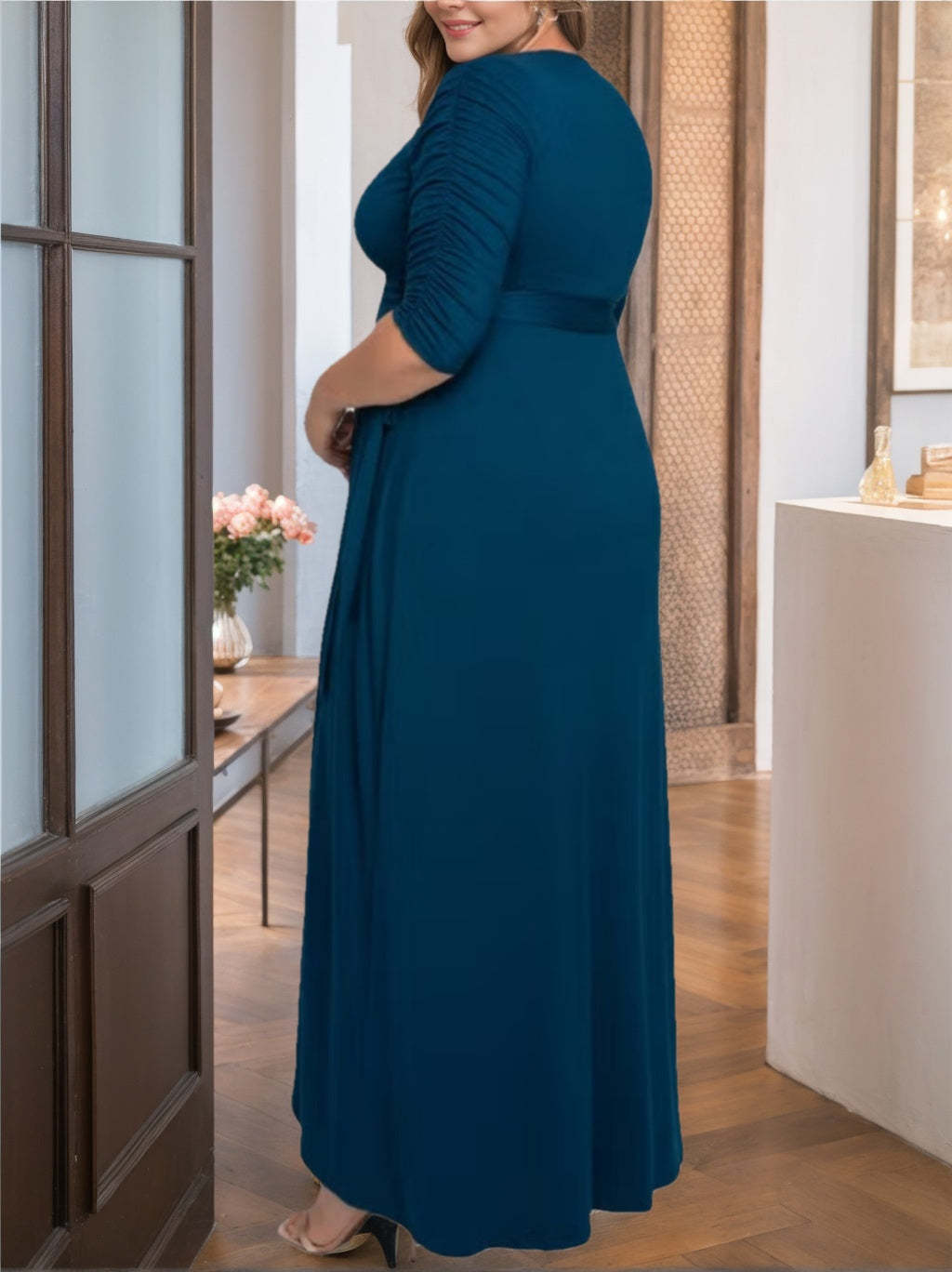 Unique Plus Size V-Neck A-Line Mother of the Bride Dress with Asymmetrical Ruffles and Half Sleeves