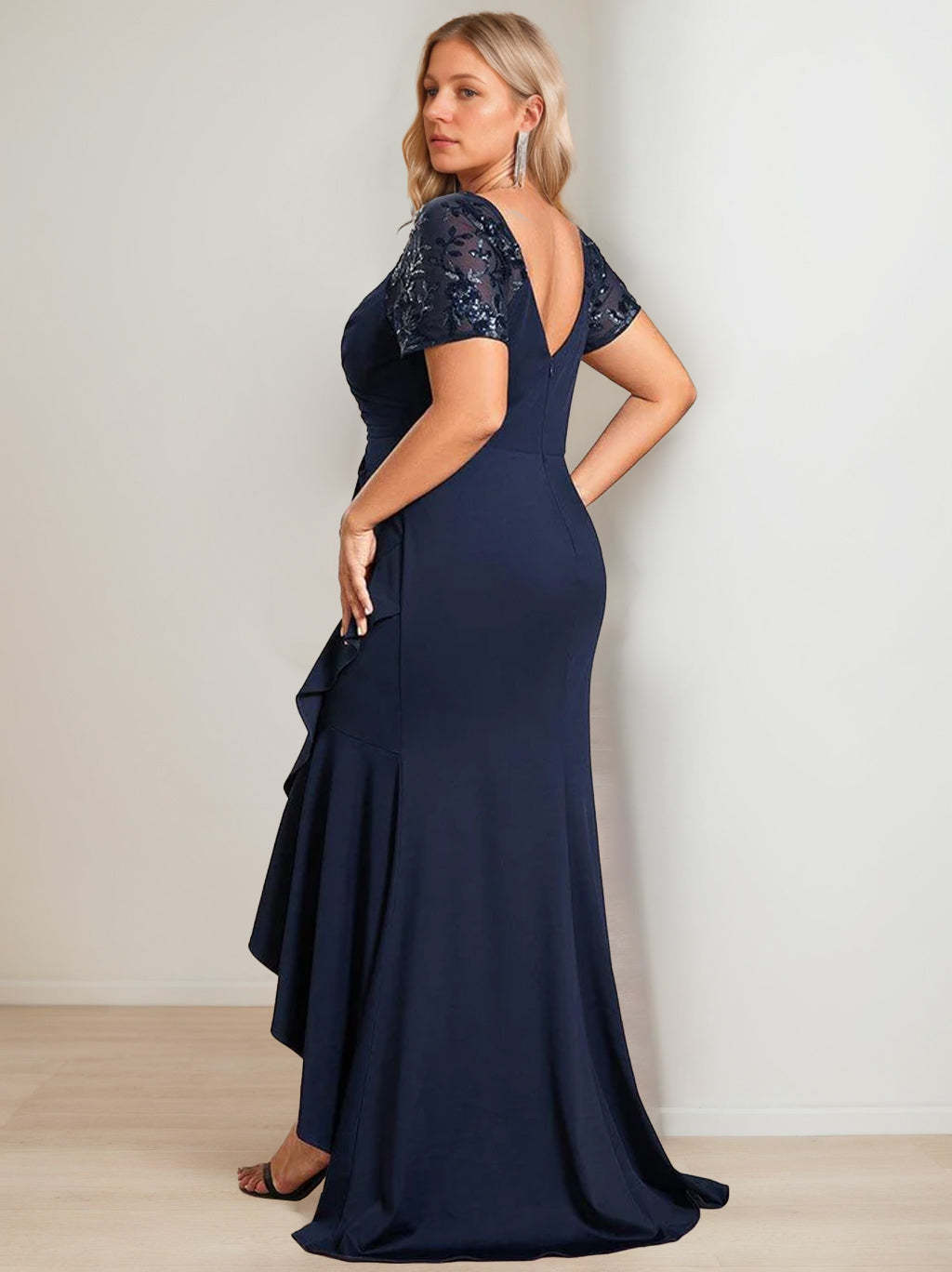 Asymmetrical V-Neck Short Sleeve Sheath Dress for Plus Size Mother of the Bride with Sequins
