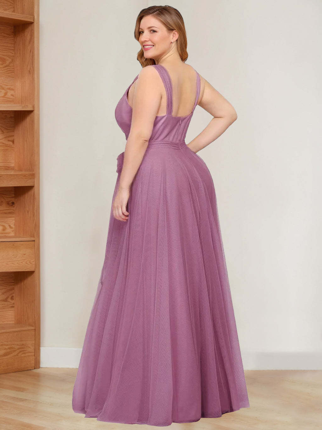 V-Neck Sleeveless A-Line Princess Floor-Length Tulle Plus Size Mother of the Bride Dress with Ruffles
