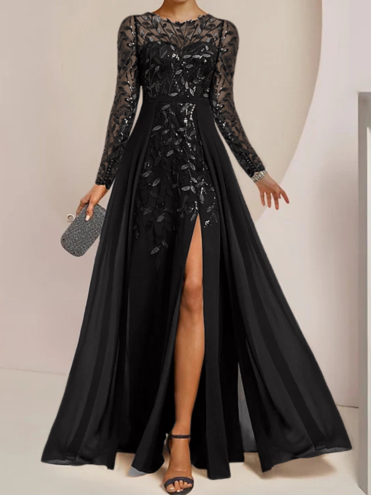 Floor-Length Mother of the Bride A-Line Dress with Scoop Neck Long Sleeves Side Split Ruffles and Sequins-BMbridal