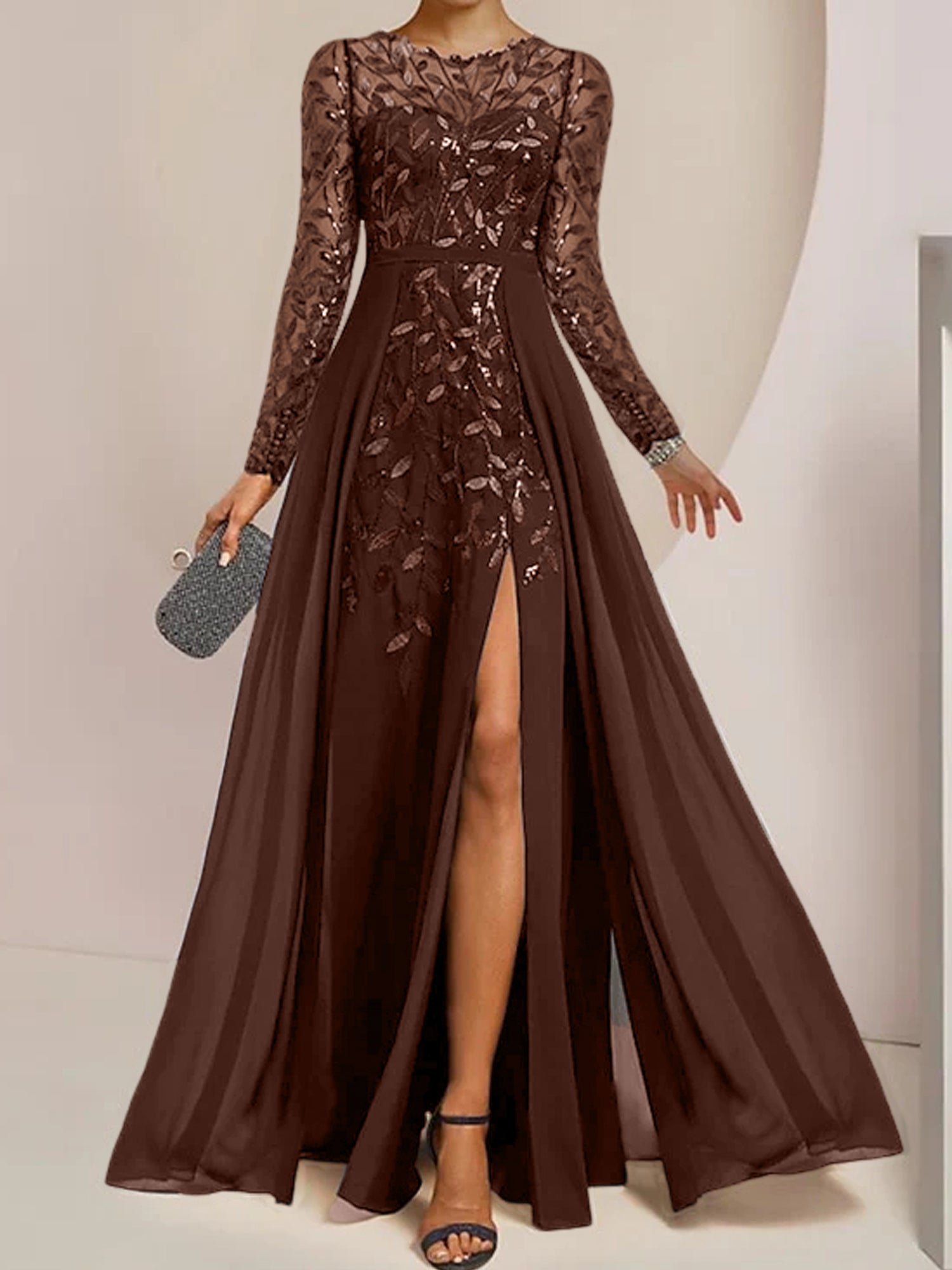 Floor-Length Mother of the Bride A-Line Dress with Scoop Neck Long Sleeves Side Split Ruffles and Sequins-BMbridal