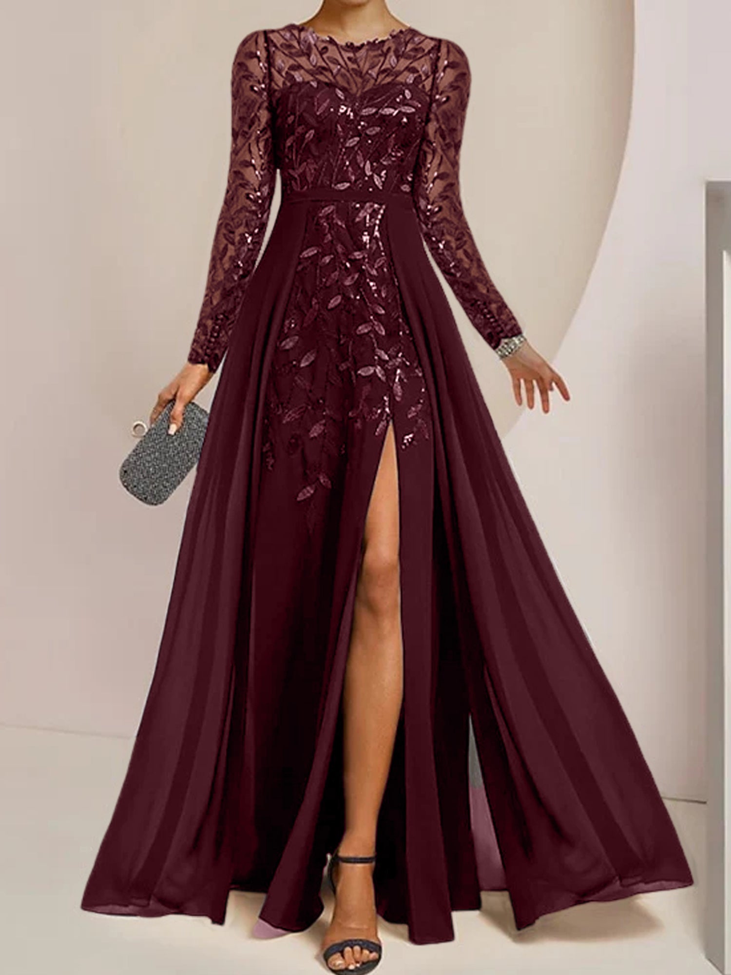 Floor-Length Mother of the Bride A-Line Dress with Scoop Neck Long Sleeves Side Split Ruffles and Sequins-BMbridal