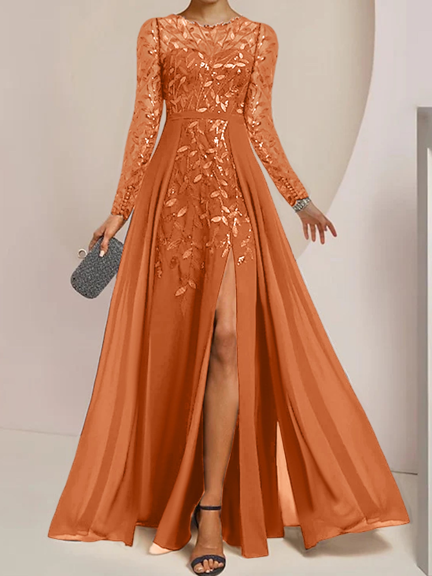 Floor-Length Mother of the Bride A-Line Dress with Scoop Neck Long Sleeves Side Split Ruffles and Sequins-BMbridal