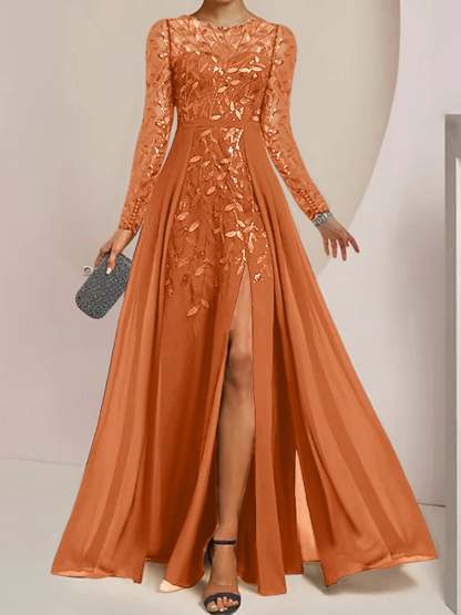 Floor-Length Mother of the Bride A-Line Dress with Scoop Neck Long Sleeves Side Split Ruffles and Sequins-BMbridal