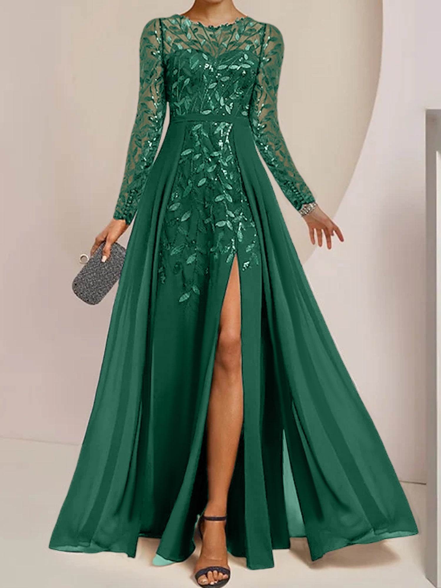 Floor-Length Mother of the Bride A-Line Dress with Scoop Neck Long Sleeves Side Split Ruffles and Sequins-BMbridal