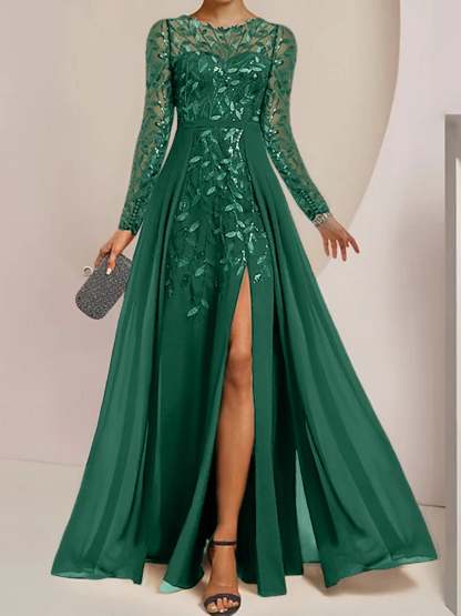 Floor-Length Mother of the Bride A-Line Dress with Scoop Neck Long Sleeves Side Split Ruffles and Sequins-BMbridal