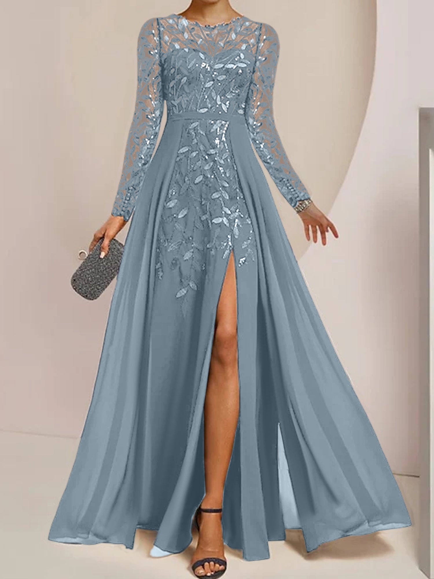Floor-Length Mother of the Bride A-Line Dress with Scoop Neck Long Sleeves Side Split Ruffles and Sequins-BMbridal