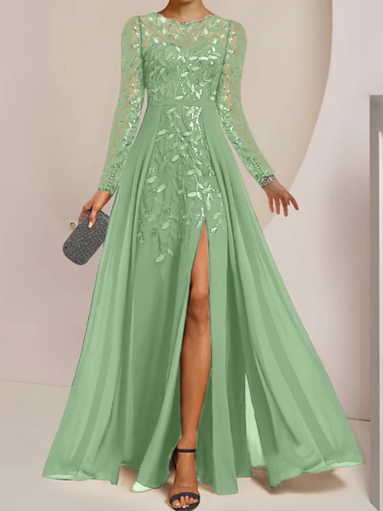 Floor-Length Mother of the Bride A-Line Dress with Scoop Neck Long Sleeves Side Split Ruffles and Sequins-BMbridal