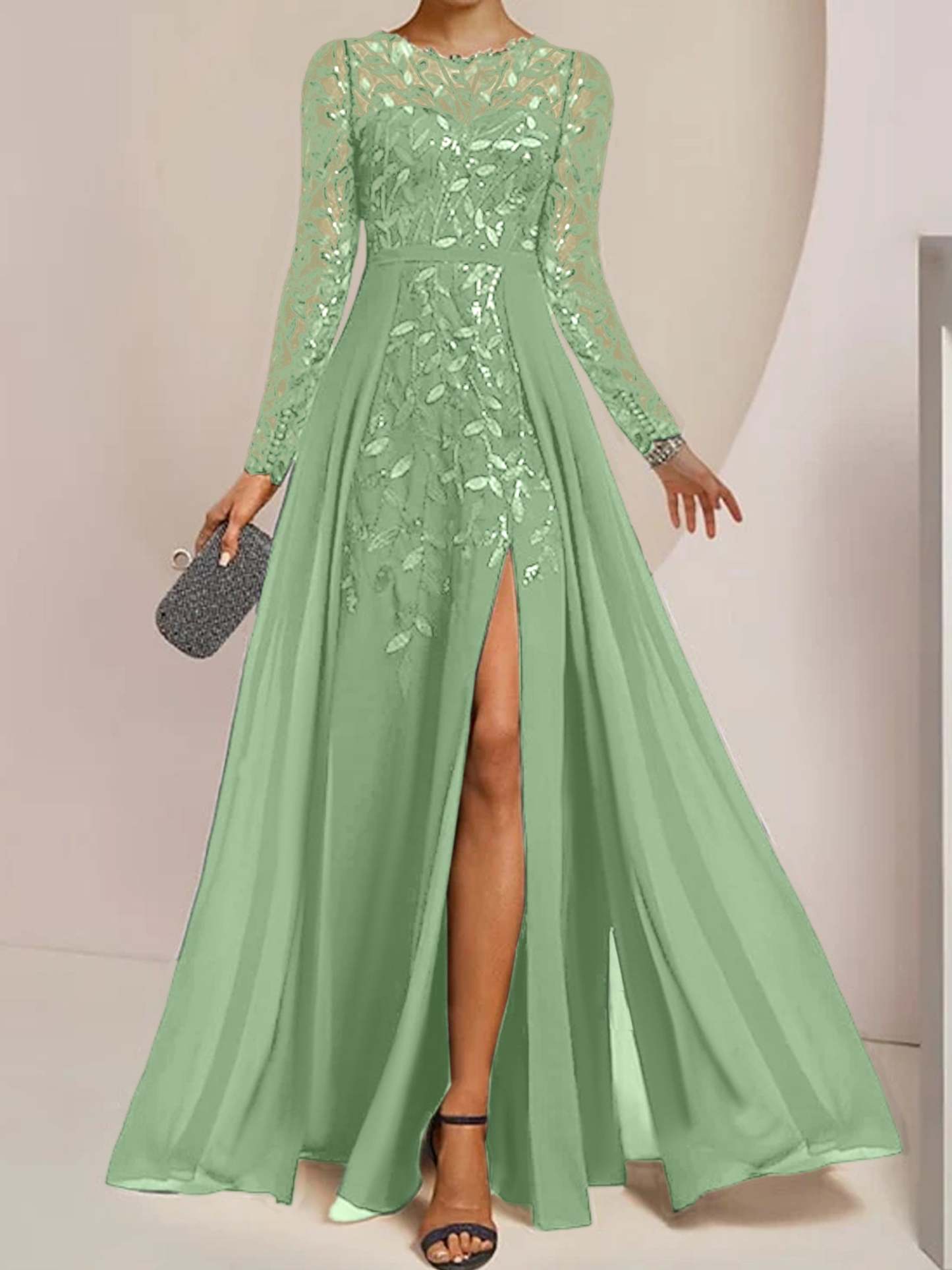 Floor-Length Mother of the Bride A-Line Dress with Scoop Neck Long Sleeves Side Split Ruffles and Sequins-BMbridal