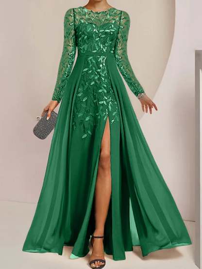 Floor-Length Mother of the Bride A-Line Dress with Scoop Neck Long Sleeves Side Split Ruffles and Sequins-BMbridal