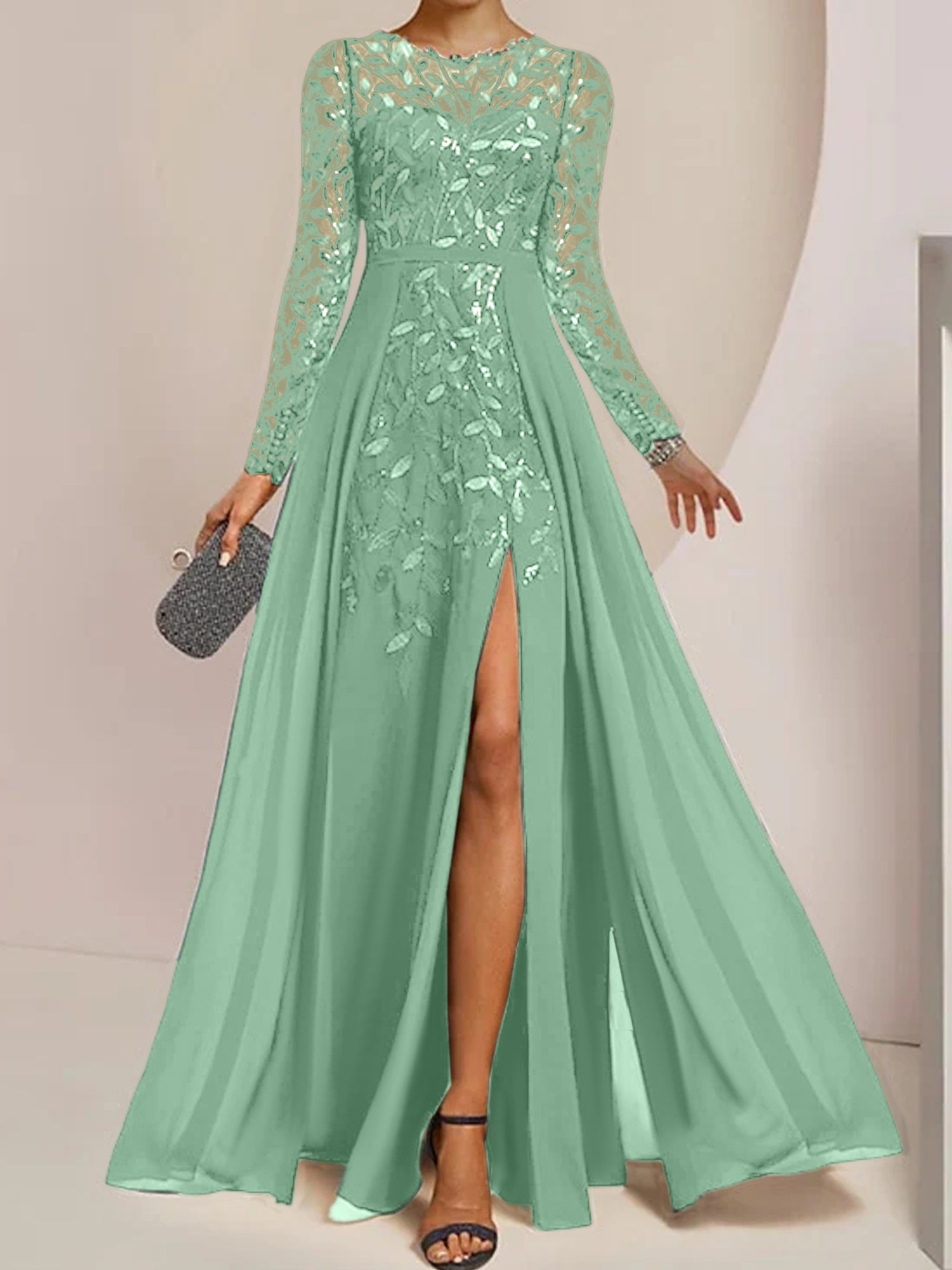 Floor-Length Mother of the Bride A-Line Dress with Scoop Neck Long Sleeves Side Split Ruffles and Sequins-BMbridal