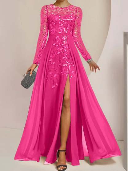 Floor-Length Mother of the Bride A-Line Dress with Scoop Neck Long Sleeves Side Split Ruffles and Sequins-BMbridal