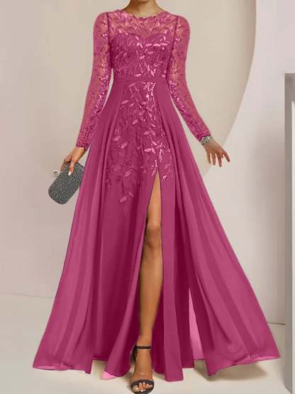 Floor-Length Mother of the Bride A-Line Dress with Scoop Neck Long Sleeves Side Split Ruffles and Sequins-BMbridal
