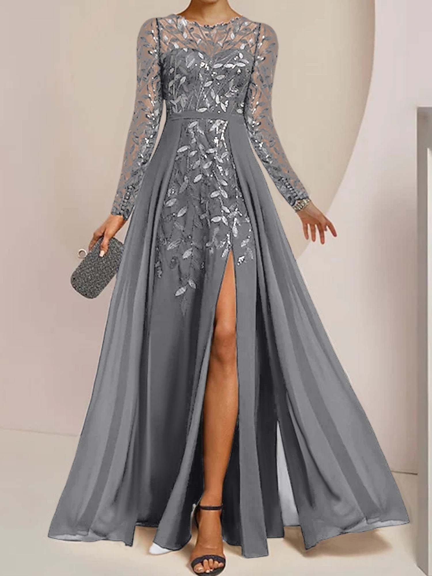 Floor-Length Mother of the Bride A-Line Dress with Scoop Neck Long Sleeves Side Split Ruffles and Sequins-BMbridal